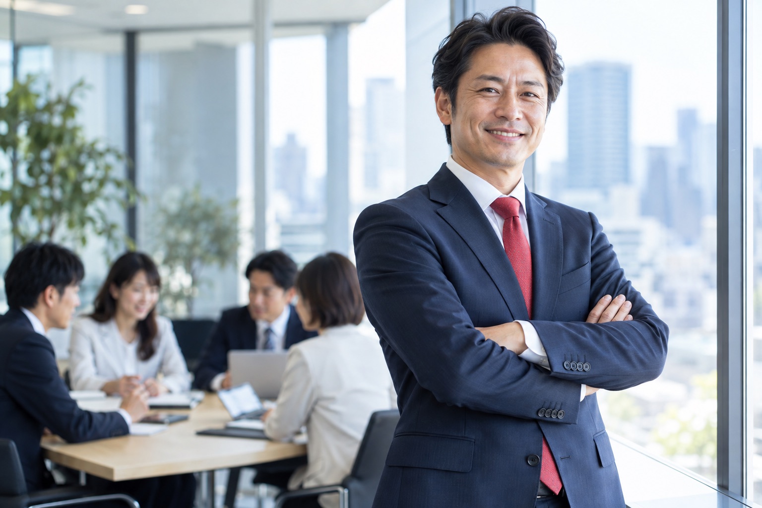 採用支援会社の代表と、背景でミーティングする社員