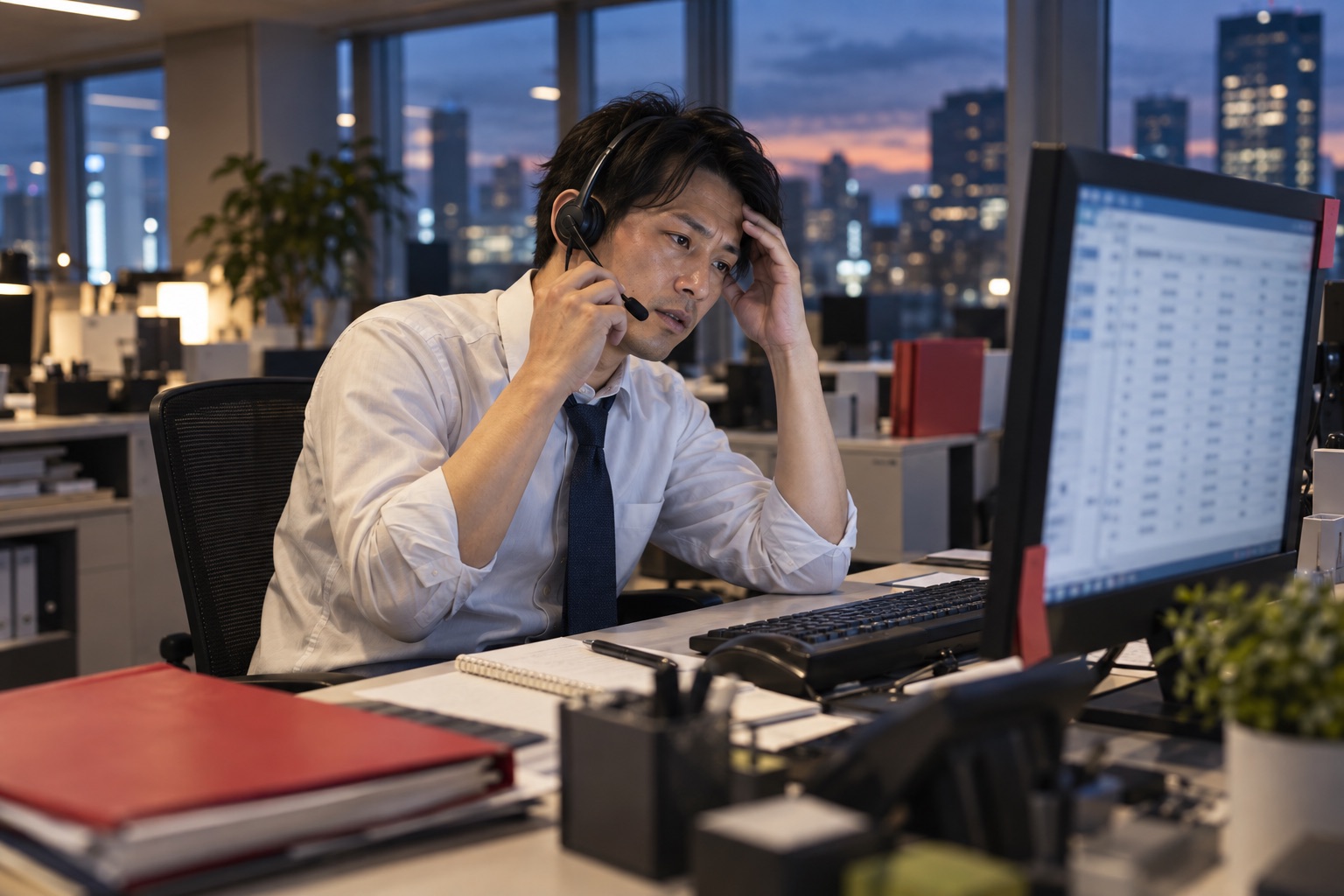 夕方のオフィスで電話営業を続ける採用支援会社の担当者